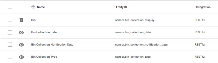 Screen grab showing newly created entities in Home Assistant