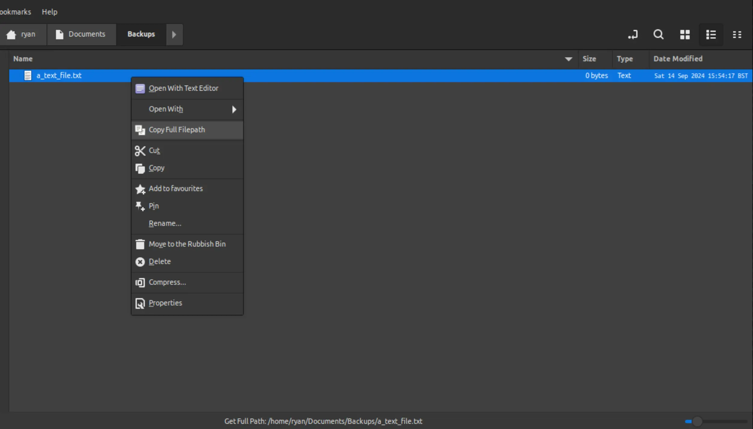 Screen grab showing the action highlighted in the context menu
