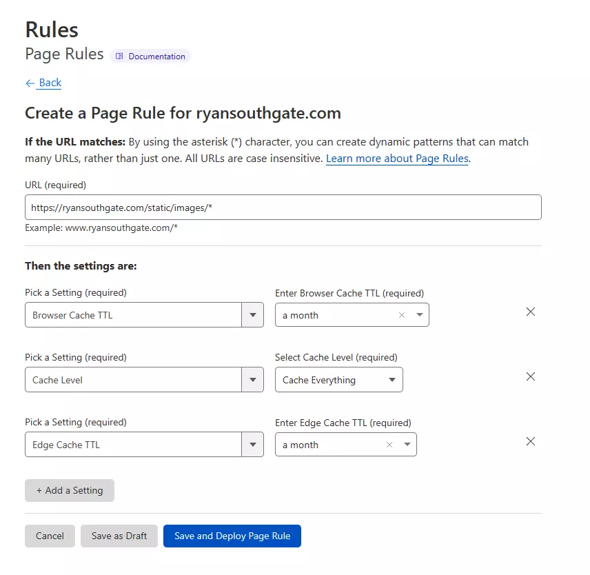 Screenshot showing the configured page rule in the Cloudflare dashboard